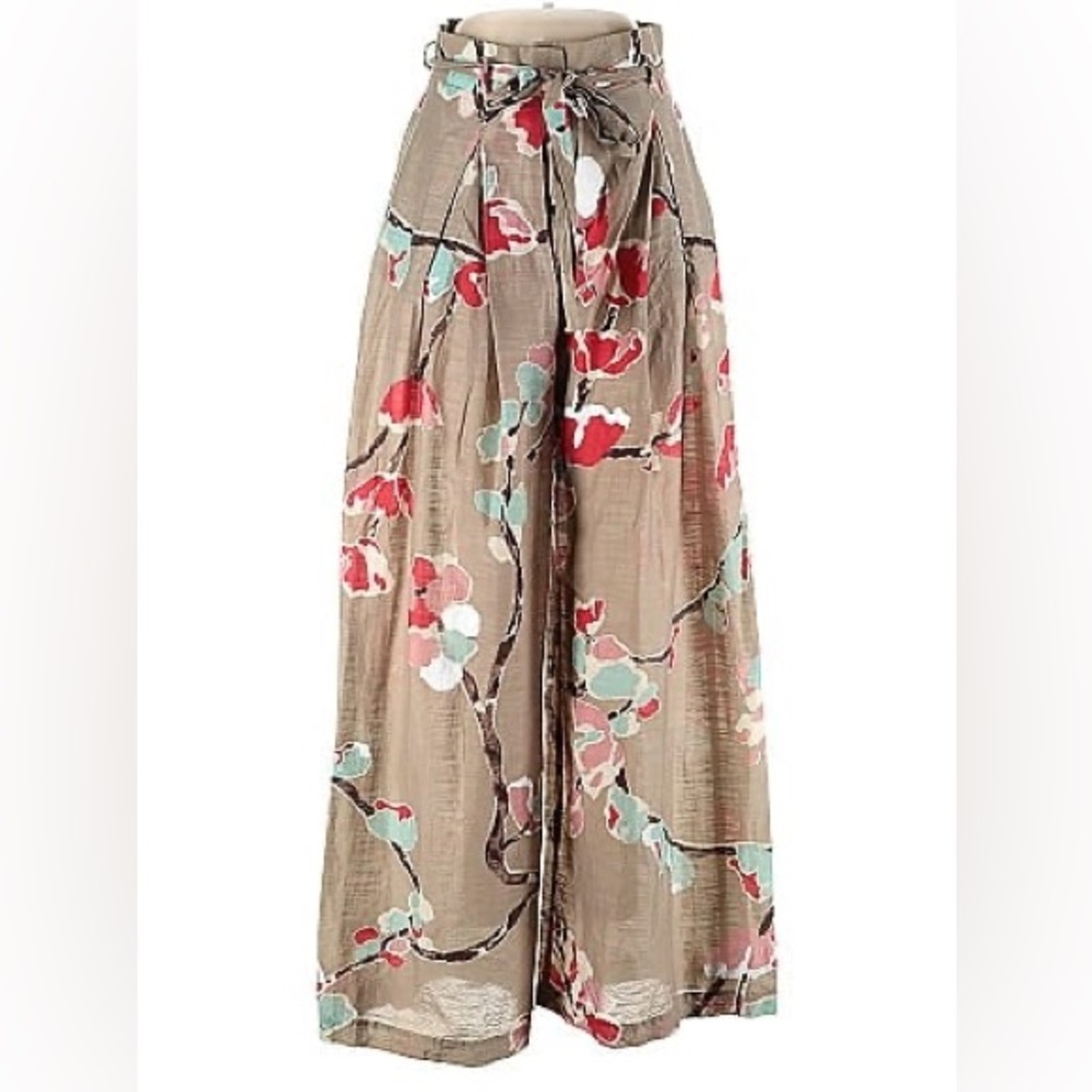 Erika Cavallini • Taupe Floral Print Silk/Cotton Palazzo Pants - Semi-Couture